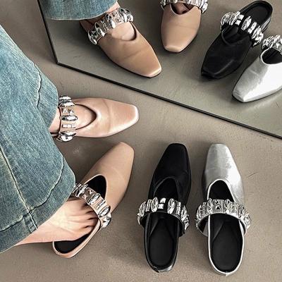 Nuove scarpe estive a tacco basso Mary Jane con strass borsa da donna mezze pantofole sandali piatti a punta retrò