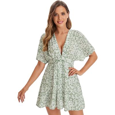 Sommerkleid für Damen, kurzärmelig, tiefer V-Ausschnitt, Blumendruck, rückenfrei, Anlass, Party, einteiliges Kleid