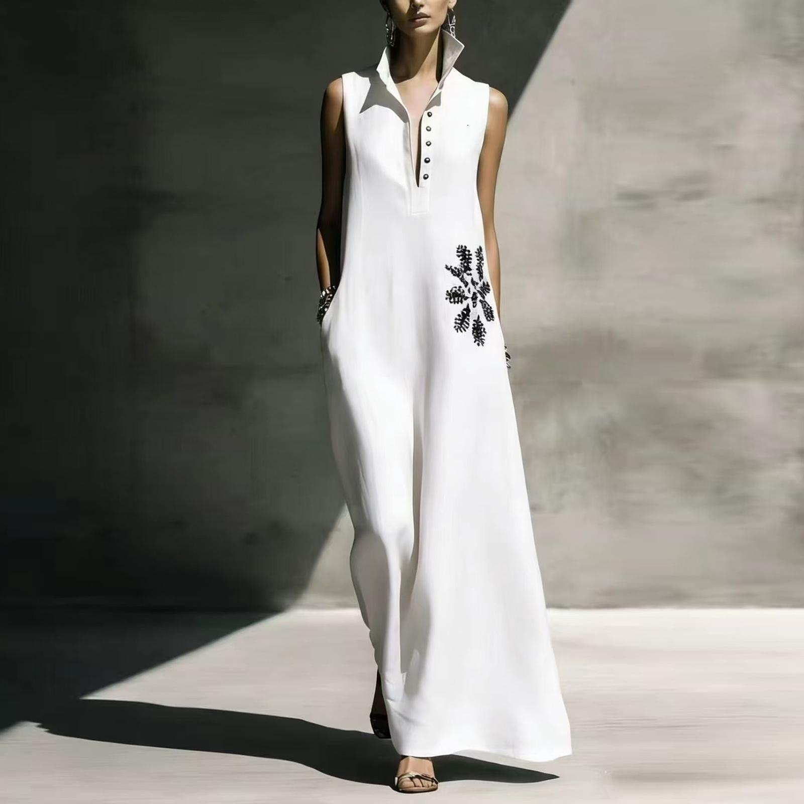 

Women s Color Hot Stamping Pocket Casual Stand Up Collar Cotton And Linen Dress XL білий