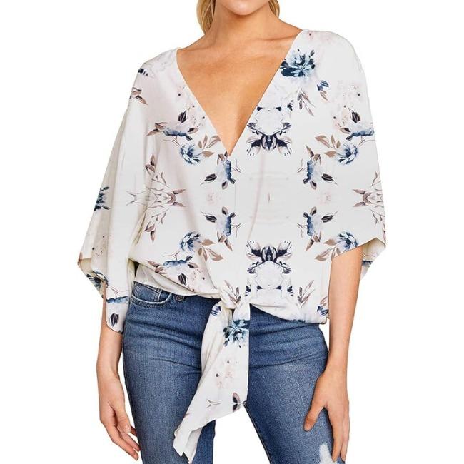 Damen Casual Blumenhemd Sommerstil V-Ausschnitt Kurzarm Fledermausärmel Lockeres Hemd Bohemian Stil Frontknoten Oberteil