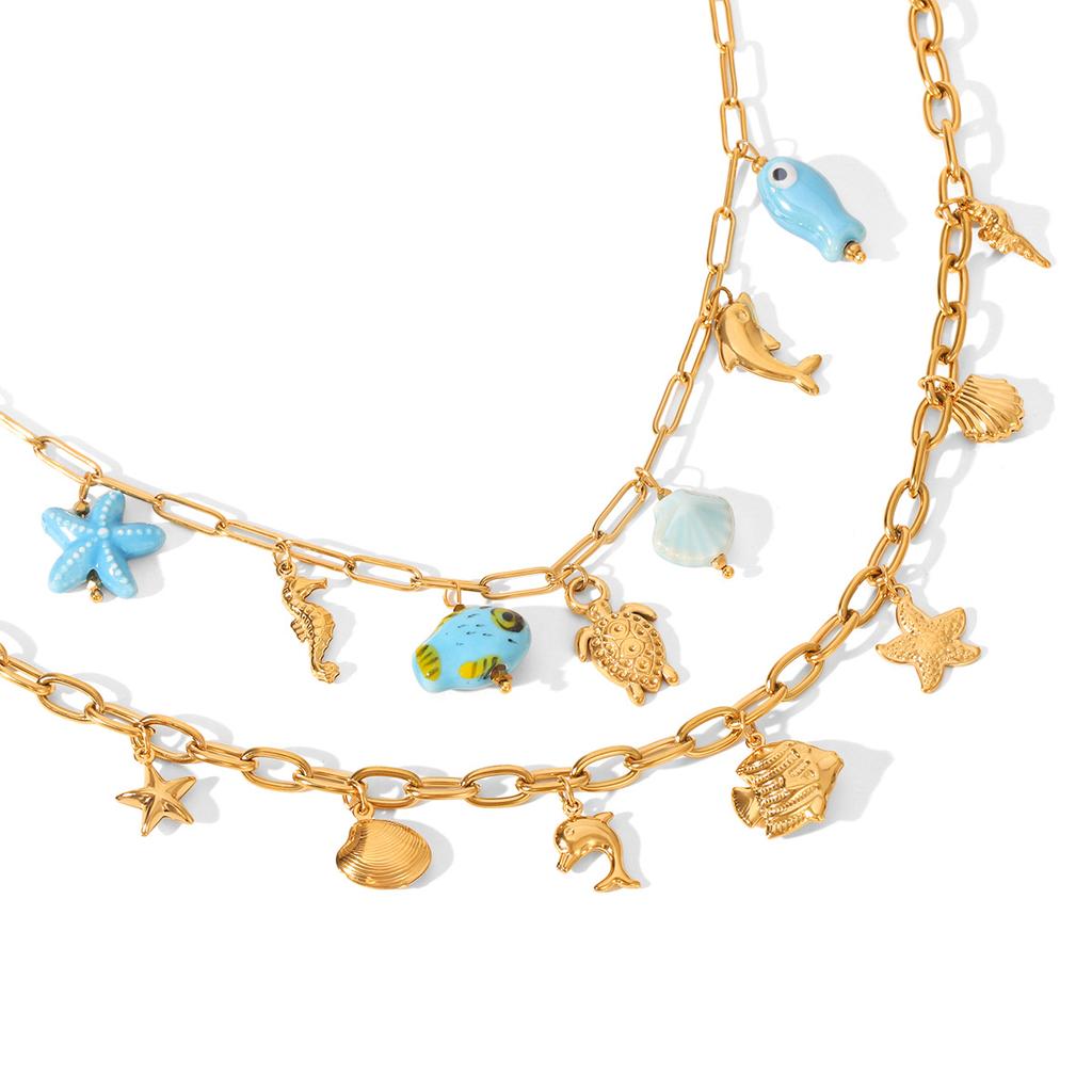 Ocean Themed Titanium Steel Necklace With Starfish Dolphin Seahorse Shell Pendant Choker Chain Women's Jewelry
