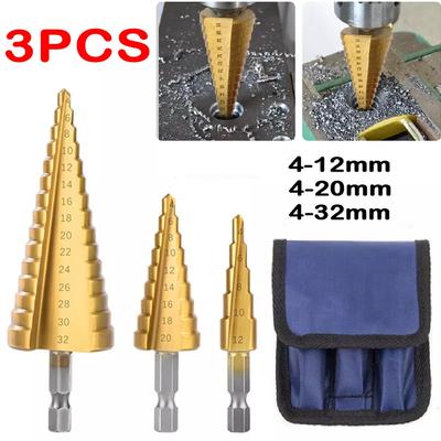 3Pcs Large HSS Steel Step Cone Drill Titanium Bit Set Hole Cutter 4-12/20/32mm