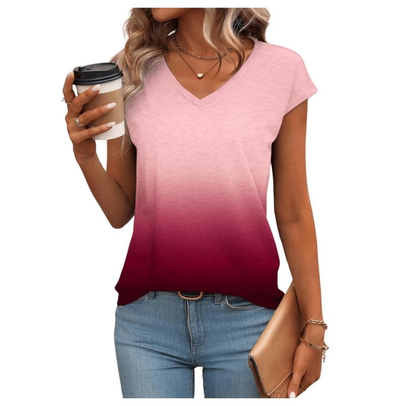 Summer Fashion Gradient 3D Print T-Shirts Women's V-Neck Short Sleeve T Shirt