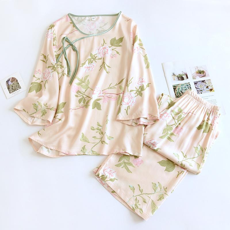Nuovo Set Pigiama da Donna in Cotone Viscosa Primavera/Estate Bottone Cinese Arredamento per la Casa Set Due Pezzi con Stampa Sottile Pigiama