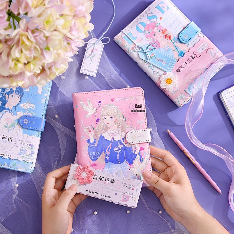 Fu You B6 PU Magnetic Buckle Rose Heartfelt Words Series Cute Girl Character Journal Notebook