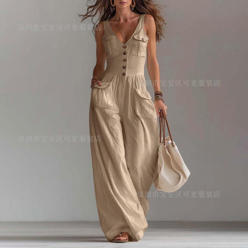 Europe, America, summer pocket V-neck button-up vest comfortable jumpsuit women