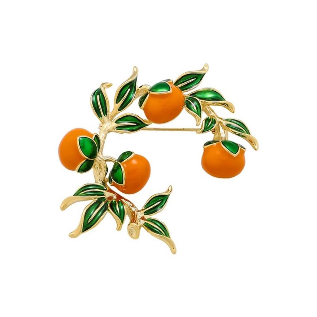 Elegance Persimmon Enamel Brooch: Pastoral-Style Chinese Corsage Pin for Women