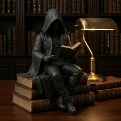 Estatua de Hombre con Toga Leyendo Figurita Gótica de Misterio Lectura Escultura Negra de Toga Fantasía Sentado para Decoración de Estantería de Libros Escritorio de Halloween