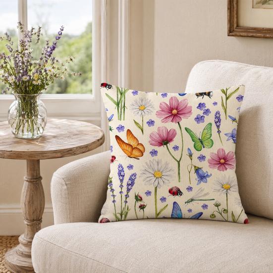 Floral Cushion Cover, 18x18 Inch Decorative Throw Pillow Cover with Hidden Zipper, Plant Insect Flower Patterns, Cushion Case for Sofa Car Home Decor