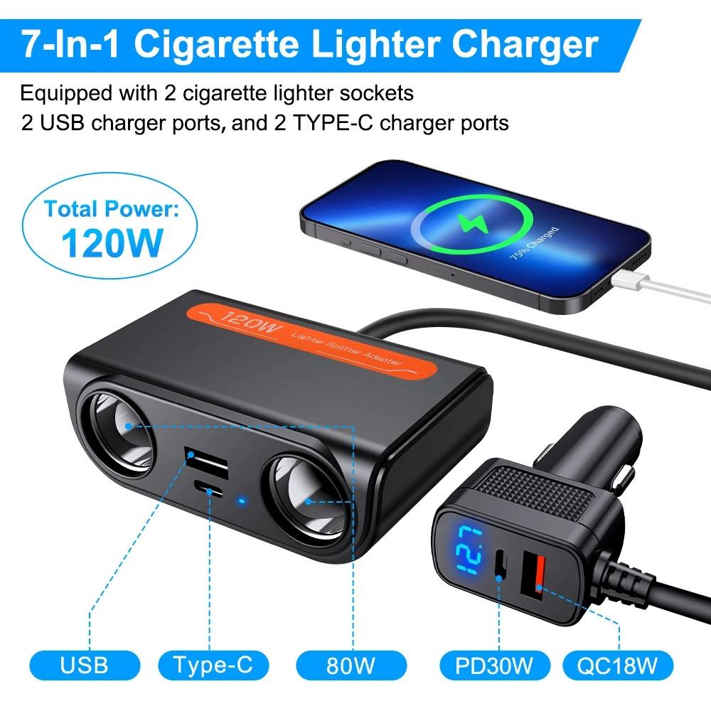 Adaptador Cargador de Coche 7 EN 1 120W PD USB Toma Encendedor Divisor Carga Rápida Con Voltímetro LED Salida CC Accesorios para Automóvil