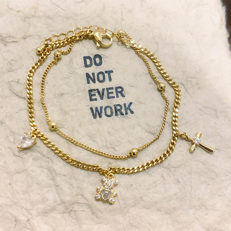 18K Gold-Plated Zircon Bear Cross Bracelet - Fashionable, Versatile, Luxurious Jewelry for Women