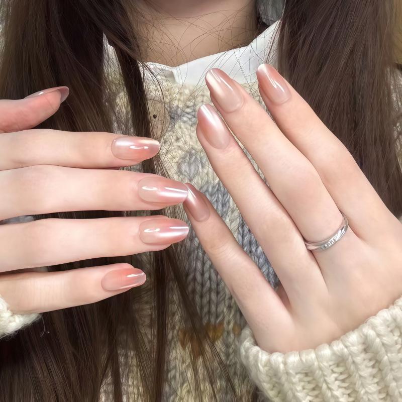 Chestnut Cat Eye Press-On Nails: Aurora Whitening High-Grade Versatile Tips, Removable Stickers.