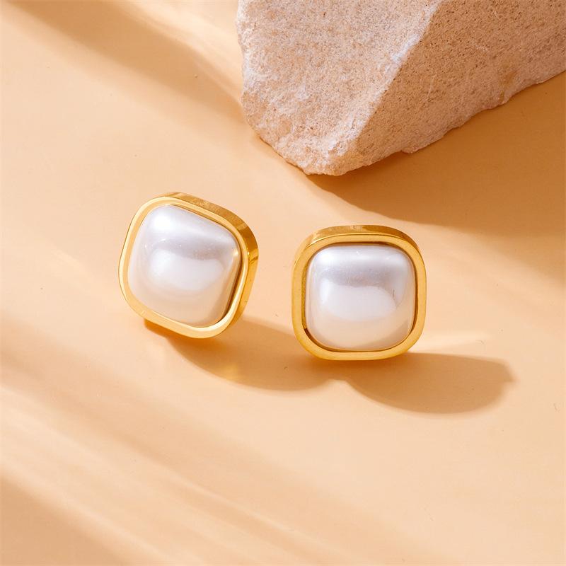 Gold Tone Square White Shell Stud Earrings