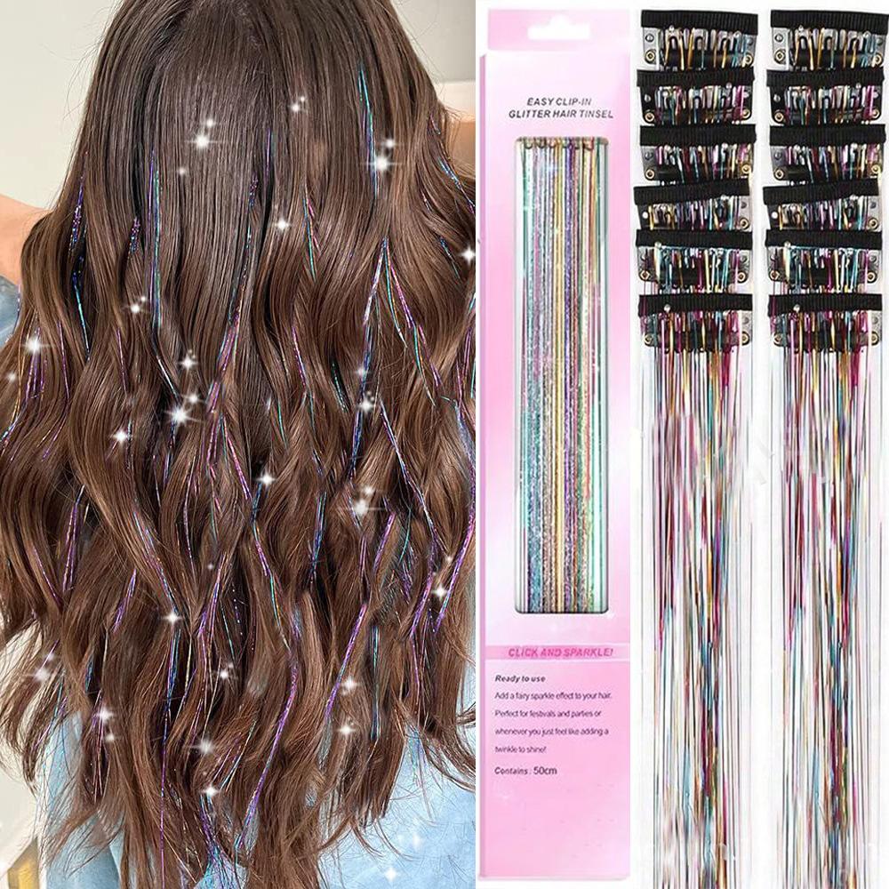 

12 Pieces Laser Gold Hair Extensions 50cm , Metallic Rainbow Clip-in Hair Wefts, Shiny Synthetic Hair Strands for Party Festival