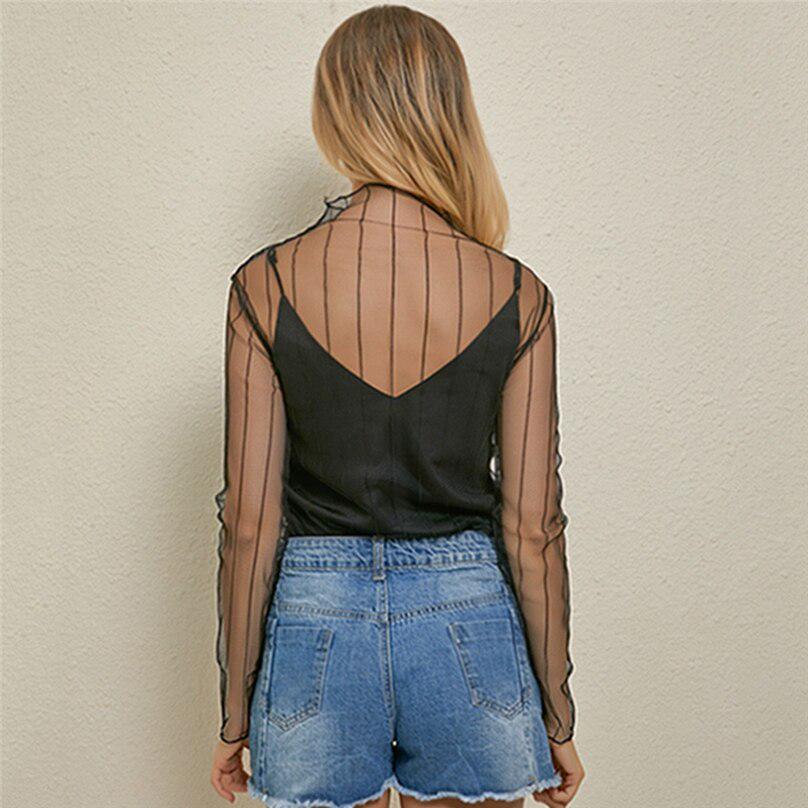 Dámské Sexy Mesh Perspective Tričko Módní duté košile ve stylu nočního klubu Top Clubwear