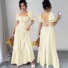 Summer 2025 European & American Women's Square Neck Tie-up Waist Dress
