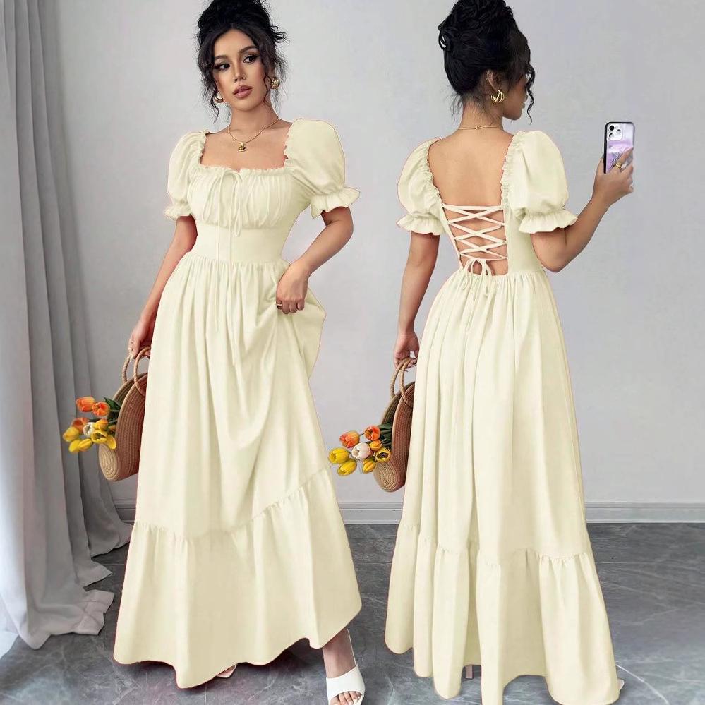 Summer 2025 European & American Women's Square Neck Tie-up Waist Dress