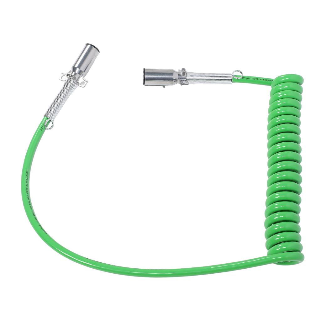 15FT 7 Way Coiled Trailer Cord Long Tail ABS Power Line Green Heavy Duty Power Wire for Semi Trucks Tractors