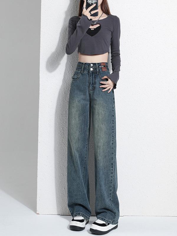 2025 Women's Retro High-Waisted Wide-Leg Jeans - Trendy Petite Straight-Leg Style