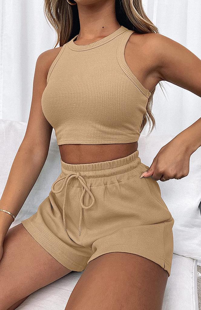 2026 New Summer Sleeveless Waffle Knit 2-Piece Set Women's Solid Color Vest Casual Short Outfit Breathable Comfortable Lounge Wear