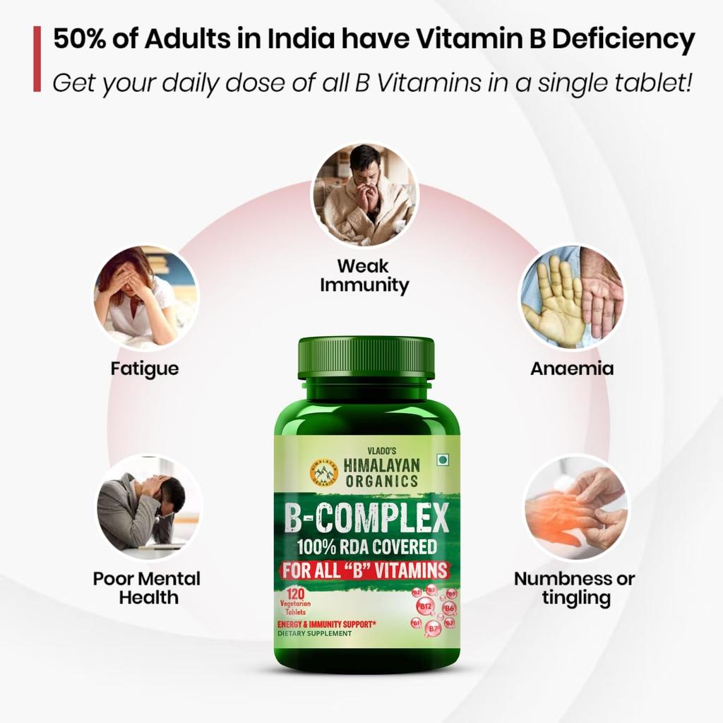 Vlado’s Himalayan Organics Vitamin B Complex 120 Veg Tablets for Energy Hair Growth & Skin Health