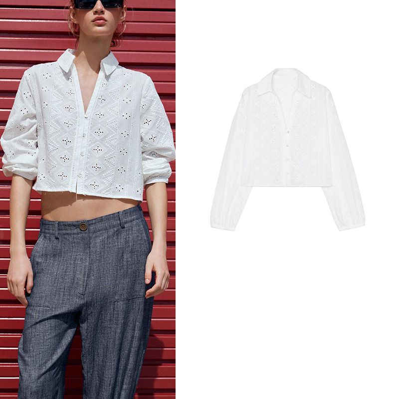 Spring and Summer New Women's Clothing Single-Breasted Cotton Cut Out Embroider Fashion Polo Collar Short Shirt Tops 4745022