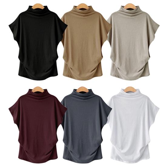 Plus Size Women Plain T-Shirt Short Batwing Sleeve Side Pleats Turtleneck Top