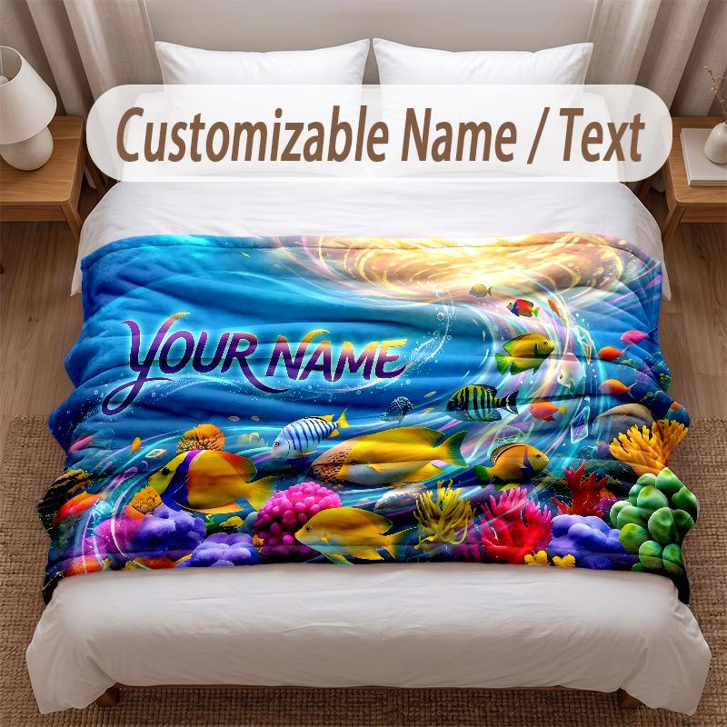 Fish Ocean Theme Soft Blanket Personalized Custom Name Text Print Warm Blanket Home Sofa Bedroom Decor