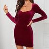 European and American spring and summer new retro square neck velvet slim-fitting hip-wrapping and thin short fashion temperament dress