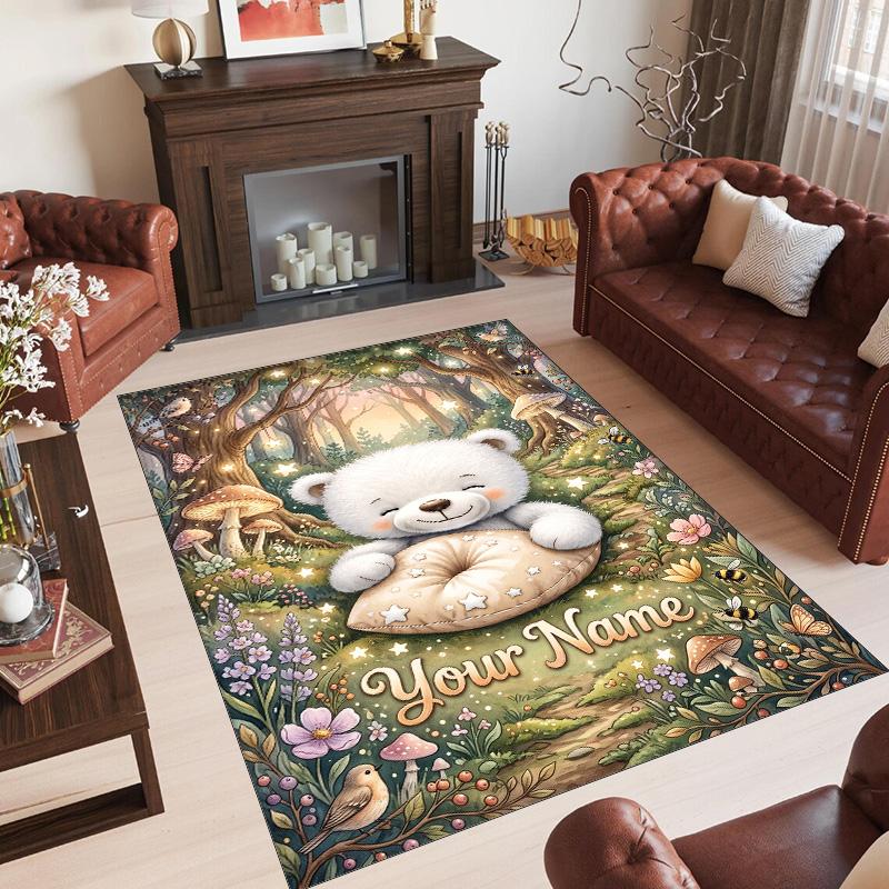 Teddy Bear Theme Crystal Velvet Rug Personalized Custom Name Text Soft Floor Mat Home Decor