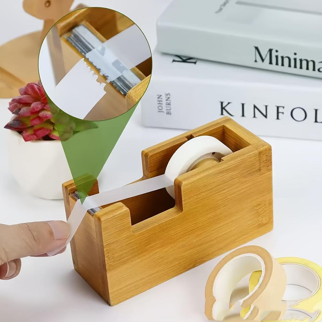 Bamboo Tape Dispenser for Desk Natural Wood Desktop Tape Holder with Non-Slip Base & Tape Cutter for Gift Wrapping Office Home
