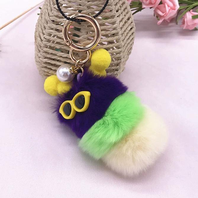 Rex Rabbit Colorful Caterpillar Plush Bag Pendant Keychain Creative Cute Female Mink Jewelry Gift