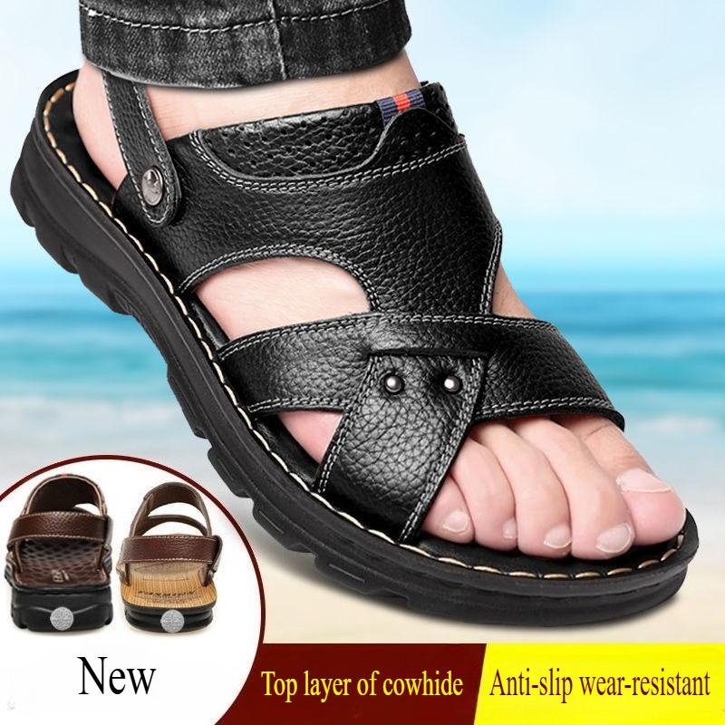 

Літні чоловічі шкіряні босоніжки Натуральна шкіра Нековзке Чоловіче взуття Тапочки Вуличні пляжні туфлі на товстій підошві Comfor Soft Чоловічі сандалі 38