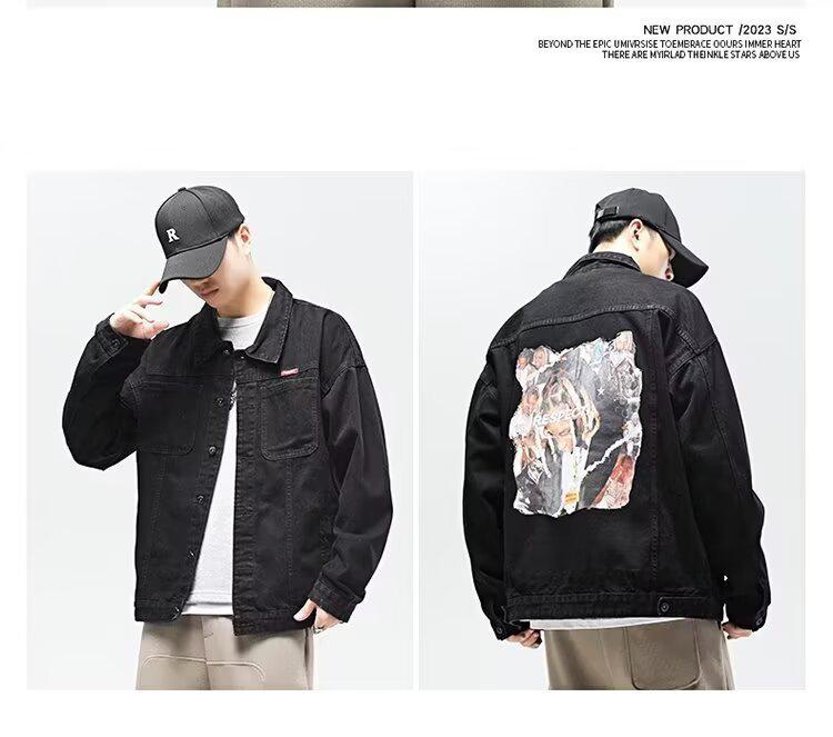 Men's Japanese Retro Denim Jacket - Turn-Down Collar, Loose Fit, American Street Style, Spring/Autumn Casual Workwear