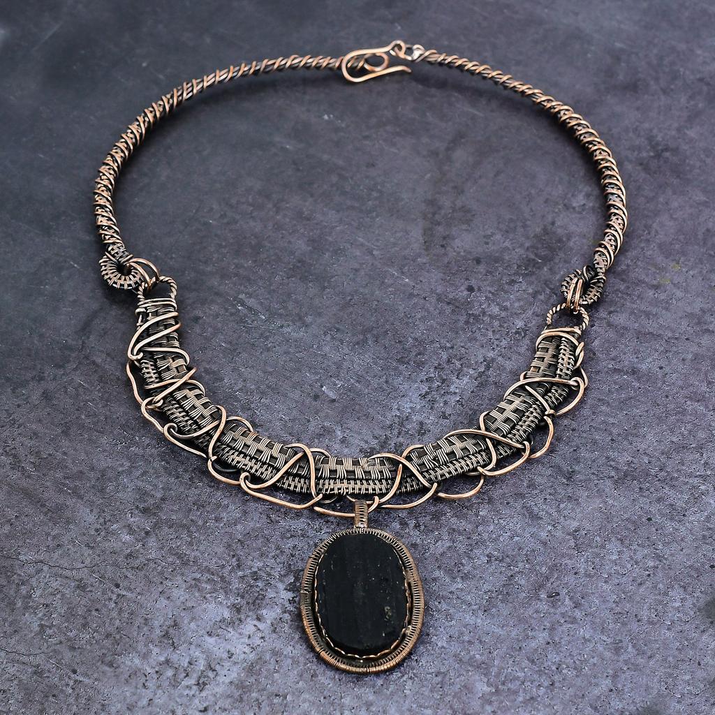 Black Tourmaline Handmade Copper Wire Wrap Jewelry Necklace 18" Z5v10