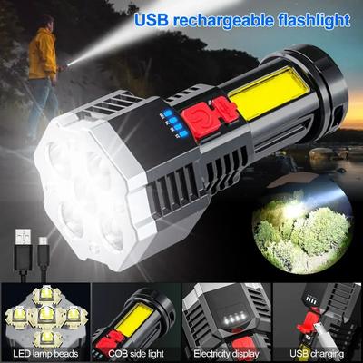 LED Super Bright Rechargeable Flashlight Waterproof Long Range Spotlight COB Light Battery Display Outdoor Camping Torch