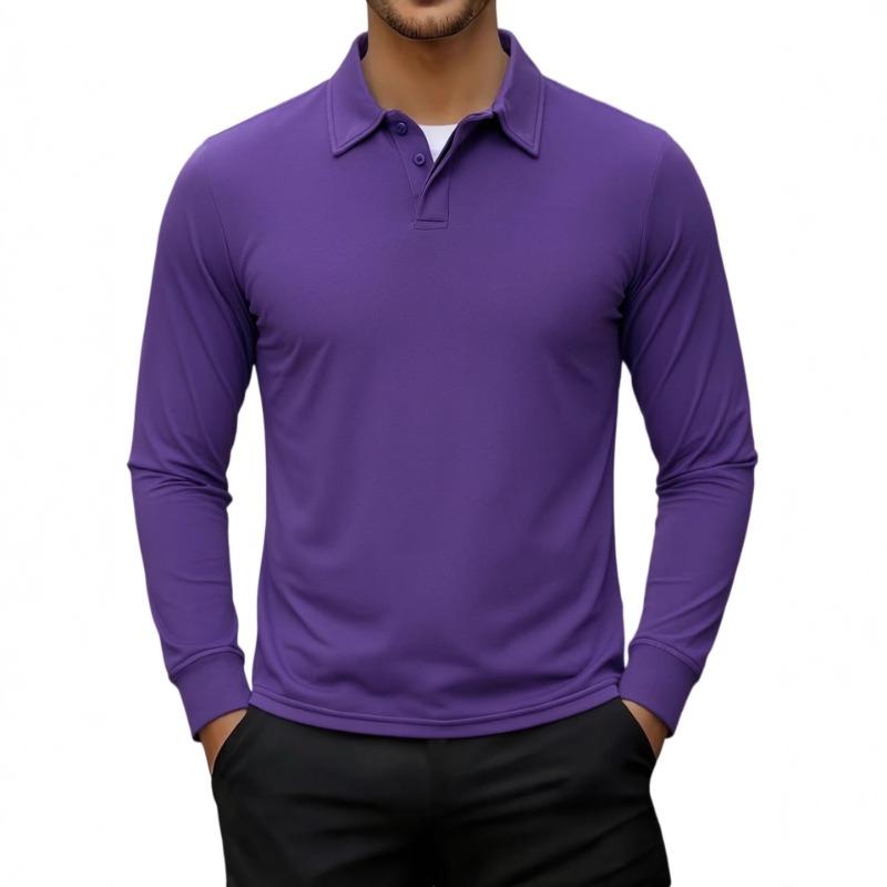 Men's Long Sleeve Polo Shirt Casual Solid Color Button Placket Collared Top