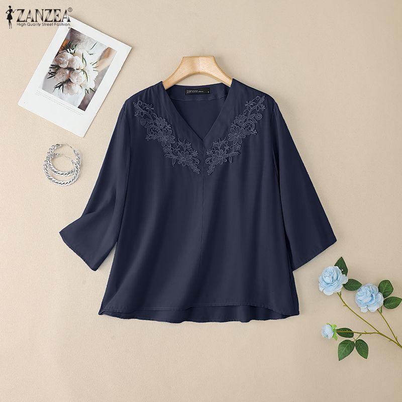 ZANZEA Women Summer V-neck Loose Casual 3/4 Sleeve Blouse