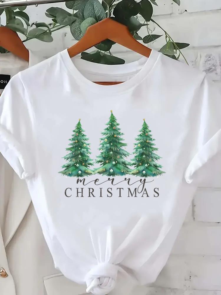 (Asian Size) Watercolor Cute 90s Short Sleeve T-shirts  Print Merry Christmas O-neck Women's Top New Year T Clothing Fashion Holiday Graphic Tee