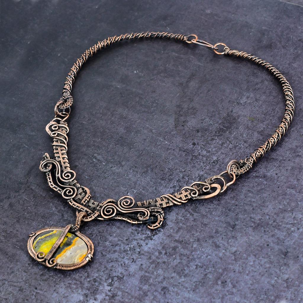 Natural Bumble Bee Jasper Gemstone Copper Wire Wrap Jewelry Necklace 18" O3c22