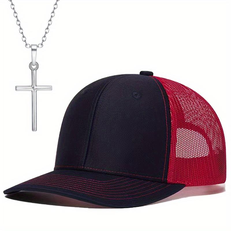 

Чоловіча бейсбольна кепка, набір намиста з 2 предметів, капелюх з мікрозгином, чоловічий сітчастий капелюх із сонцезахисним навісом для відпочинку на природі, капелюх вантажівки, намисто з підвіскою, модний повсякденний спортивний капелюх червоний