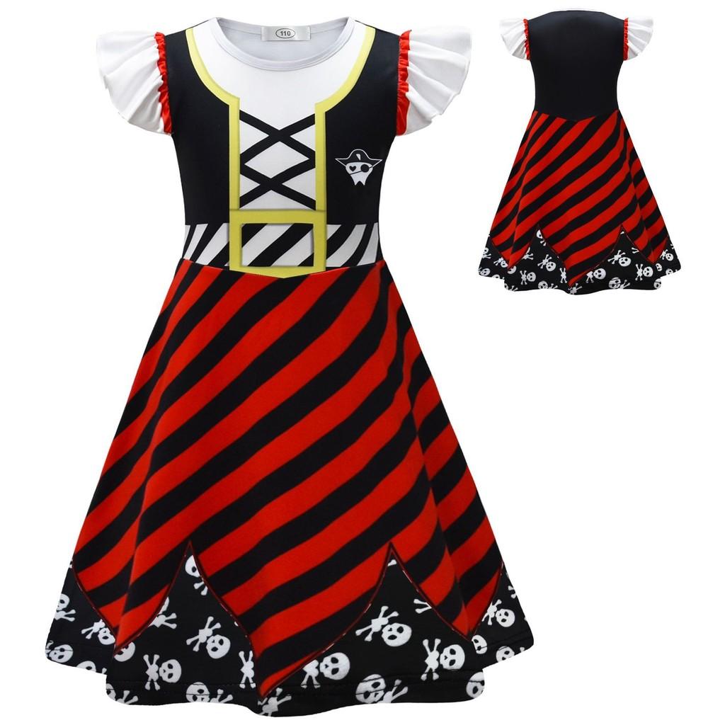 Skull Print Halloween Girls Dress With Ruffle Hem And Printed Fabric For Kids Age 3 To 8