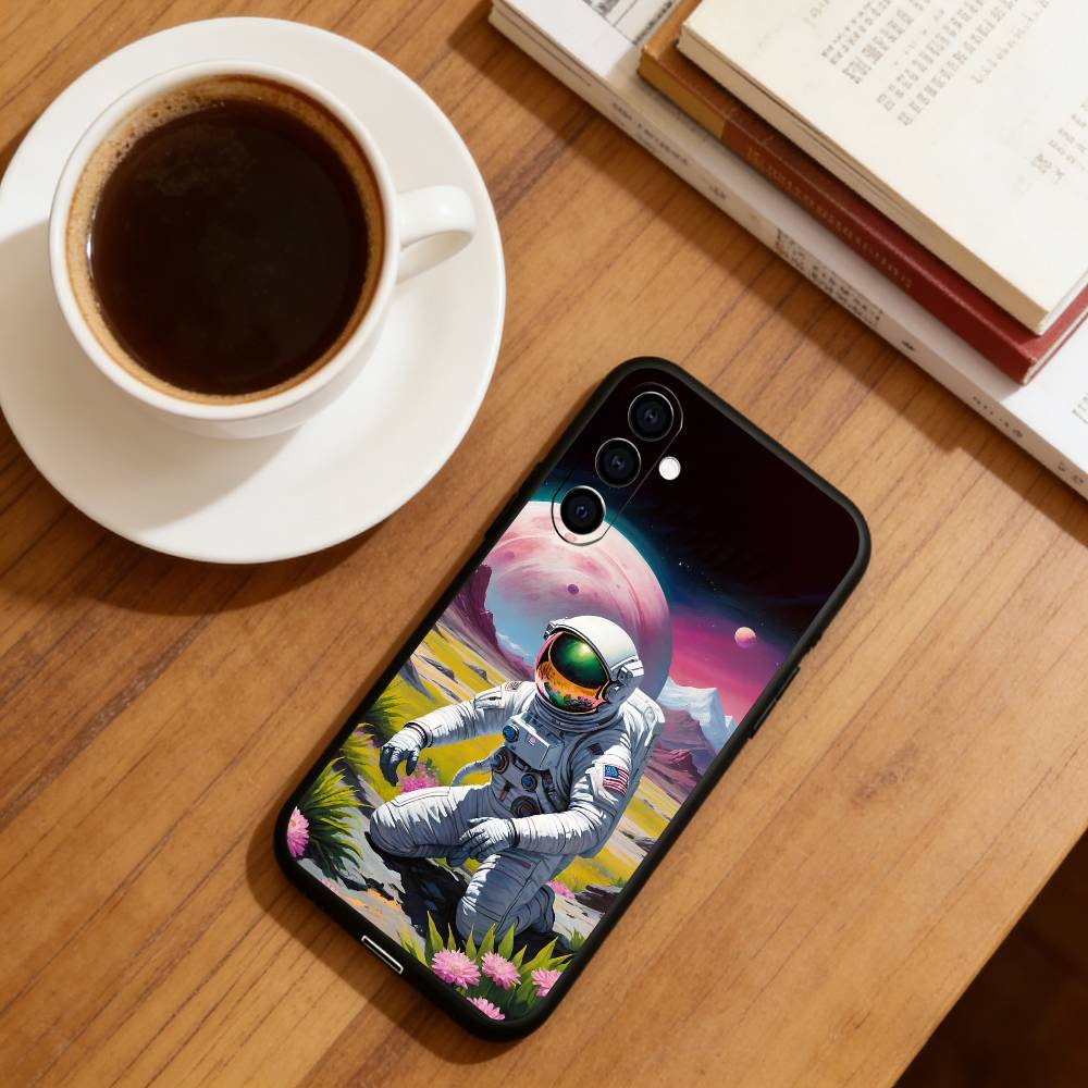 Retro Astronaut Theme Phone Case For Samsung Galaxy A73,A72,A71,A70,A53,A52,A51,Soft Silicone Black Cover