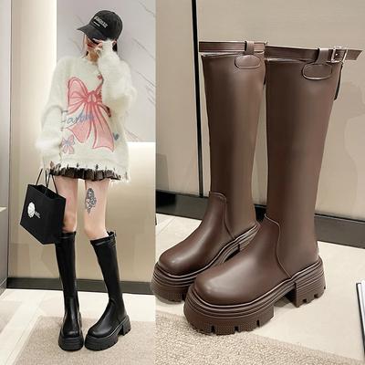 Western Kniehohe Stiefel Springerstiefel Reißverschluss Chuny Heel Schnalle Vintage Mode Lässig Luxus Designer Plateauschuhe Frau