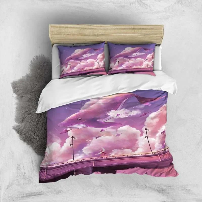 Valar och Flickor Digitaltryck Polyester Sängkläder Set Barn Överkast Pojkar Sänglinneset för Tonåringar sängklädesset blått och rosa Överkast
