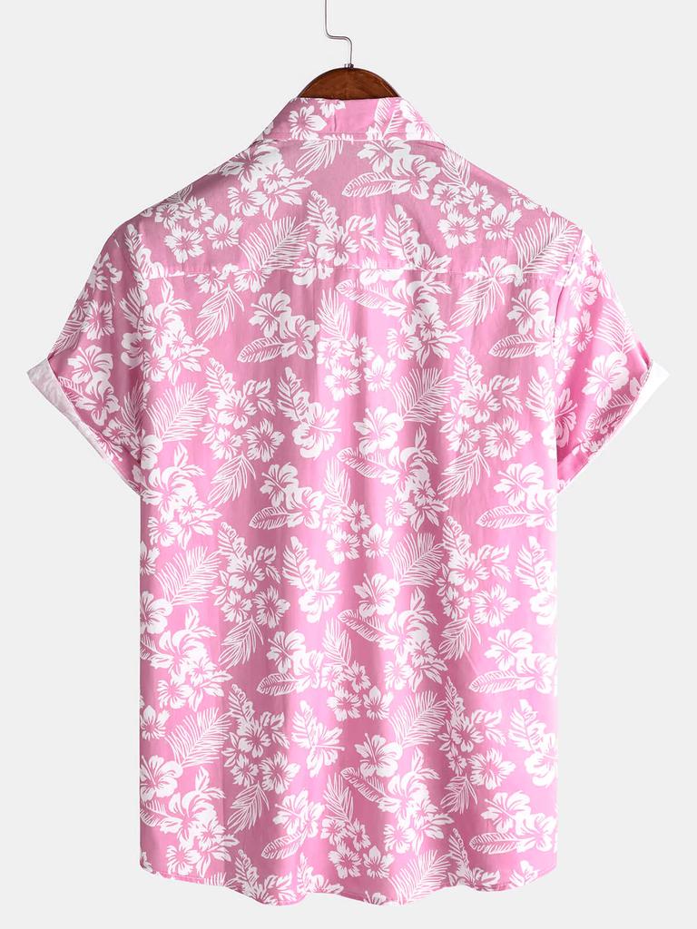 Men's Holiday Hawaiian Floral Button Down Short Sleeve Shirt Lapel Vacation Beach Shirt Blue Green Pink