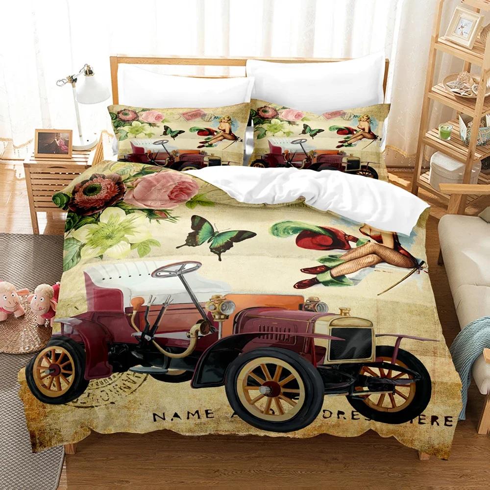 3D Vintage Car Including Duvet Cover Set With Pillowcases Microfiber 2/3Pcs Cool Sports Car Bed Comforter Set For King Bedding