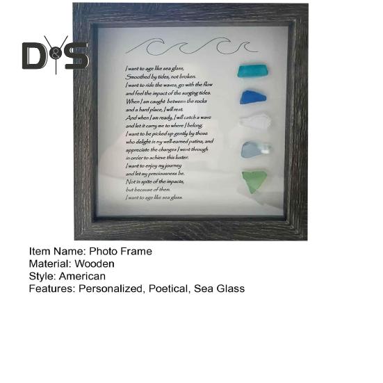 Sea Glass Picture Frame Wooden Photo Frame with Colorful Sea Glass Frame Sea Glass Poem Framed Artwork Ornament for Home Decor