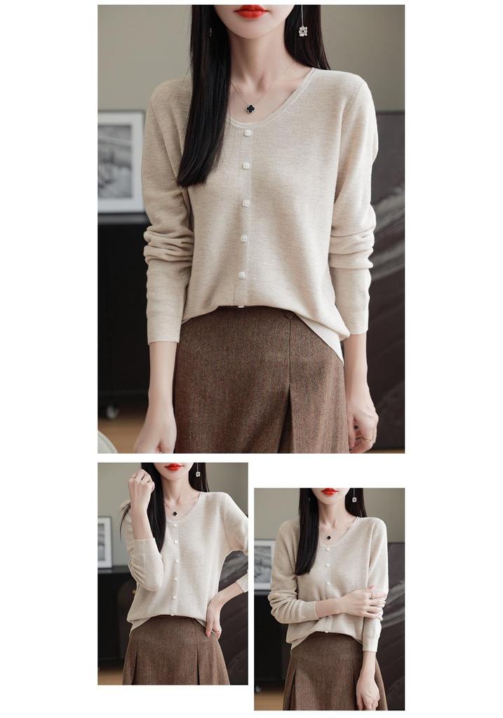 Women's 100% Fine Wool V-neck Loose Cardigan - Single-Breasted Solid Color, Casual Fashion