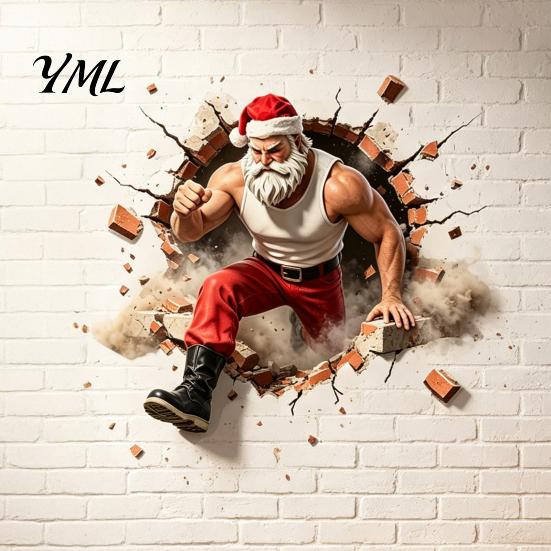Seasonal Window Decorations Muscle Santa Claus Break Through Wall Christmas Decal, 3D Cracked Brick Gift for Friends Self?Adhesive Sticker,
